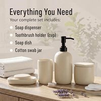 Ensemble de salle de bain en céramique beige crème 4 pièces, design scandinave minimaliste, distributeur de savon et kit de toilette, facile à nettoyer, design rond