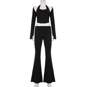 ชุดเซ็ต 3 ชิ้นสีดำสำหรับผู้หญิง เสื้อครอปแบบผูกคอ + เสื้อคลุม + กางเกงขาบาน สไตล์ลำลองแนวสตรีท - Product Image 6