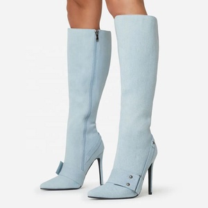 Light Denim Blue Women Buckles Knee High Boots Stiletto Thin Heels <b>Shoes</b> Side Zipper Point Toe Long Booties - Product Image 2
