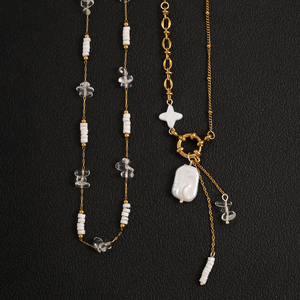Ensemble de colliers superposés pour femmes en acier inoxydable plaqué or 18 carats, imperméable, avec perles de coquillages et cristaux blancs naturels - Product Image 6