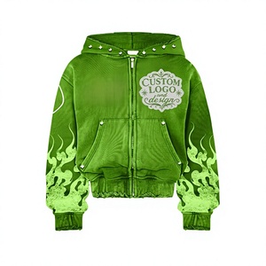 Hoodie Premium Oversize à épaules tombantes, coupe carrée, broderie effet usé, délavage acide, délavage à la pierre, strass, fermeture éclair, poche avant - Product Image 1