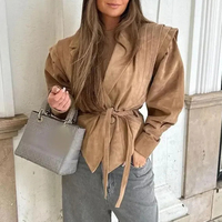 2025 hiver polyvalent marron manches longues col en v à lacets veste manteaux casual Chic femme vêtements d'extérieur femmes haute rue veste en cuir