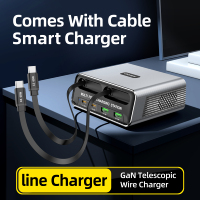 Chargeur Type-C 100W GaN Super Rapide, Chargeur de Bureau 6 en 1 avec Câble Rétractable de 70 cm pour Téléphone, Ordinateur Portable, Adaptateur USB-C