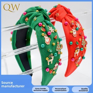 Nouveau serre-tête de Noël pour femme, en tissu, incrusté de gros diamants, avec Père Noël et flocon de neige, fait main, tendance, noué - Product Image 5