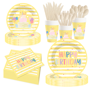 DAMAI Fournitures pour fête d'anniversaire, assiettes jaunes à rayures, serviettes, gobelets, ensemble de couverts pour fête d'anniversaire, pour 8 personnes - Product Image 1