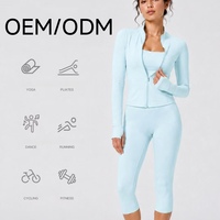 Ensemble de sport brossé ajusté pour femme, veste zippée à col montant et leggings capri effet push-up, fournisseur OEM ODM