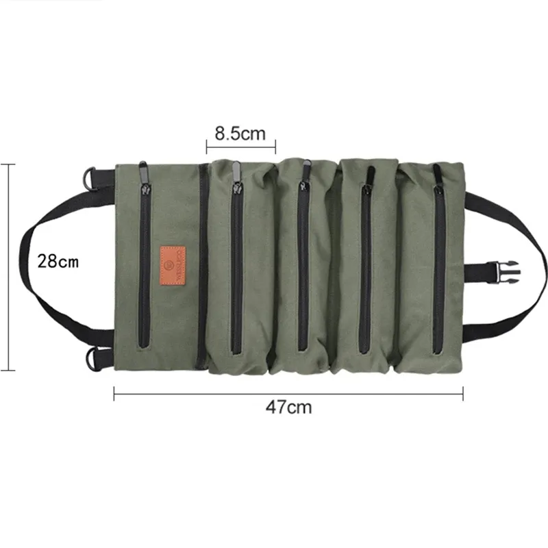 Canvas Tool Roll Pouch with 5 Zipper Pockets Tool Organizer Bag