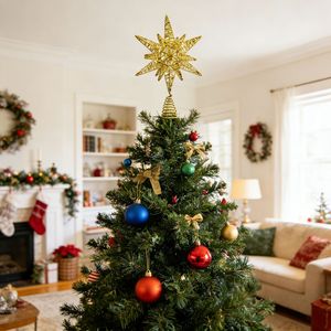 Décor de sommet d'arbre de Noël étoile octogonale dorée scintillante de style américain, en fer forgé ajouré, motif Bethléem, haute qualité, pour l'exportation - Product Image 3