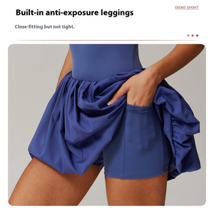 Gaun tenis remaja wanita, baju tanpa lengan leher persegi desain kerut warna polos merah muda biru putih dengan saku - Product Image 5