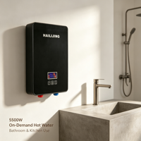 Chauffe-eau électrique sans réservoir compact noir avec écran tactile LED pour salle de bain et douche