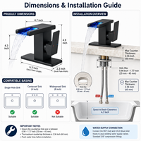 Robinet de lavabo cascade LED monotrou chaud/froid en acier inoxydable pour projets hôteliers