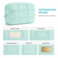 Pochette de maquillage en coton matelassé vert menthe, pochette cosmétique douce, trousse de toilette de voyage avec fermeture éclair, étui de rangement portable pour femmes