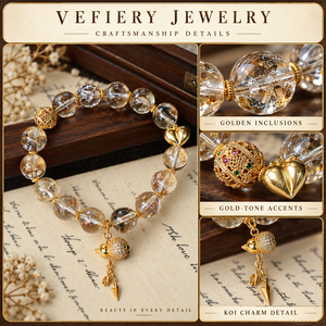 Pulsera de Cuarzo Transparente con Cuentas, Inclusiones de Lámina de Oro y Colgante de Pez - Product Image 3
