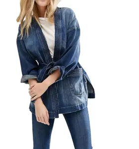 High quality OEM custom vintage washed blue women's casual belt kimono plus size denim jacket