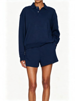 Ensemble de survêtement 2 pièces pour femme : Sweat-shirt à col polo, 2 boutons, manches longues et short à cordon de serrage à ourlet brut