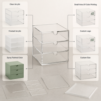 Boîte de présentation personnalisée en acrylique transparent à 3 tiroirs, organisateur de bijoux, étui de rangement pour objets de collection, avec encoche pour doigt, impression UV, logo OEM, vente au détail