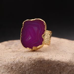 แหวนแฟชั่นทำด้วยมือของผู้หญิงปรับได้พลอยเดี่ยวหินอาเกตฝานดรูซี่สีชมพู/สีม่วงทองเครื่องประดับคลาสสิก - Product Image 1