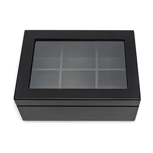 Black Solid Wood Multi-Grid Transparent Flip Organizers Box Display Wooden Tea Box With 6 Compartments