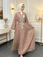 Robe longue élégante pour femmes musulmanes, col montant, ouverture en V partielle, sequins, broderie florale, Abaya, soirée, Dubaï, tenue modeste