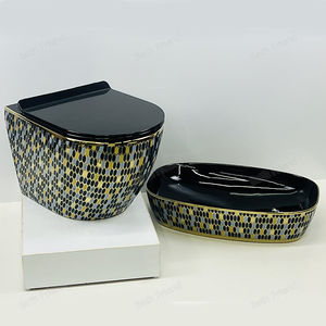 Set Moderno di Lavabo e WC a Doppio Scarico con Design a Motivo Oro su Nero, Montaggio a Parete, Stile Russo di Alta Gamma - Product Image 4