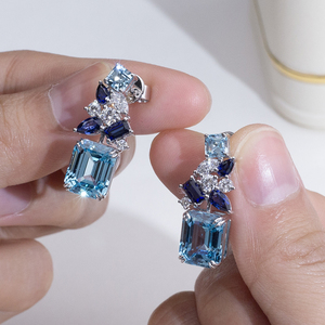 Boucles d'oreilles Messi Jewelry MSE-886 en or blanc 14 carats avec diamants et saphirs pour femmes - Product Image 4