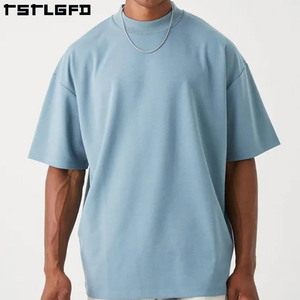 Camiseta de algodón orgánico de lujo para hombre 280GSM peso pesado de gran tamaño Rib Crewneck Drop Shoulder ropa de calle personalizada tela de punto - Product Image 4