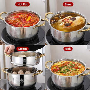 Marmite en acier inoxydable 304 de qualité alimentaire avec poignée dorée, couvercle en verre transparent, ustensile de cuisine avec compartiment vapeur - Product Image 6