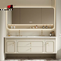 Kabinet Kamar Mandi Modern Warna Putih Krim Tahan Air Harga Terjangkau, Vanity Tempel Dinding dengan Wastafel Keramik LED untuk Penggunaan di Rumah