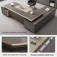 Bureau de direction moderne gris et noir avec finition dorée, bande lumineuse LED, panneau cannelé, armoire latérale, table de bureau pour PDG et directeur