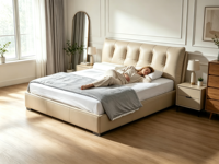 Cadre de lit king-size moderne en cuir véritable, ensemble de meubles de chambre à coucher, lit king-size de luxe, lit moderne et élégant, meubles de chambre à coucher