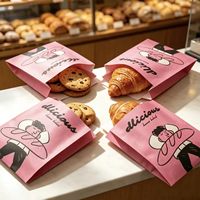 Sac en papier pour boulangerie à ouverture plate rose imprimé sur mesure, pochette en papier résistante à la graisse pour l'emballage des biscuits et des croissants