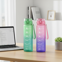 Bouteille d'eau sport en PC sans BPA, avec marqueur de temps, dégradé givré, à boire directement, 1050 ml, avec corde, unisexe, pour bureau et école, fournie par l'usine