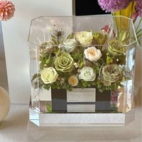 Rose éternelle préservée, boîte cadeau carrée faite à la main, décoration de salon pour la Saint-Valentin, ornement de jardin chaleureux, château