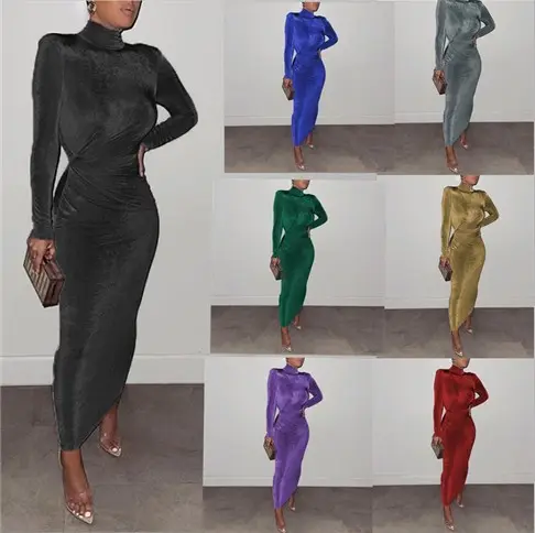 Fall 2021 Women Clothes Outfit Bodycon Sexy Solid Turtleneck Long Sleeve Maxi Long Sparkly Dress Sweater Elegant Casual Dresses