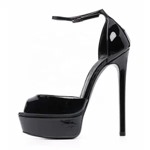 Fashion Elegant Party Dance High Heels Platform Sandals Black Patent Leather Peep Toe Ankle Strap Ladies Women Shoes