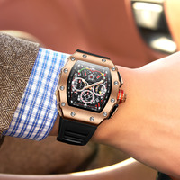 Montre Homme de Luxe Classique Style Carré, Marque ONOLA, Sport, Chronographe, Trois Yeux, Quartz, Bracelet Silicone, 43mm, Alliage ON6827