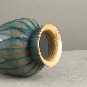 Ribbed Drip-Glaze Ceramic Vase - Artisanal <strong>Teal</strong> &amp; Amber Decorative Vessel for Home - Product Image 2
