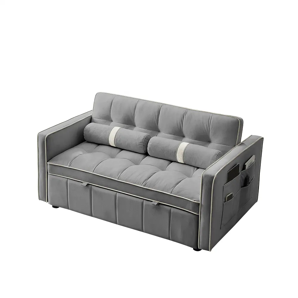 Sofá cama extraíble de espuma de terciopelo y metal, sofá moderno reclinable gris con cama plegable de tela de 2 plazas, envío gratis