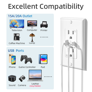 Receptáculo de Corriente de Alta Resistencia Color Marfil, Doble USB-A, 20 Amperios, NEMA 5-20R, Grado Comercial para Habitaciones de <span class=keywords><strong>Hotel</strong></span> - Product Image 2