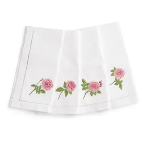 Custom Embroidery Pink Rose Design Dinner Napkin High Quality Hemstitch Table Napkin 100% Cotton Luxury Quang Thanh Embroidery