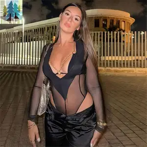 2024 Custom Wholesale Lady Jumpsuit Bodycon Women Sexy See Through Jumpsuit Mesh Lace Breathable Black Jumpsuits Party Wear