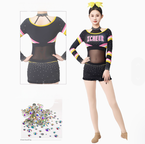Equipo <span class=keywords><strong>de</strong></span> Spandex elástico adornado con diamantes <span class=keywords><strong>de</strong></span> imitación a juego para niñas jóvenes Rendimiento uniforme <span class=keywords><strong>de</strong></span> baile <span class=keywords><strong>de</strong></span> porristas para mujeres - Product Image 4