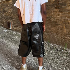 Роскошный изготовленный на заказ цепочка до колен кармашек негабаритный материал из искусственной кожи водонепроницаемый горный хрусталь толстый тяжелый стек шорты - Product Image 3