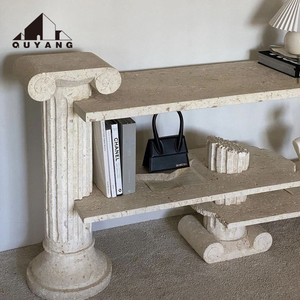 QUYANG Décoration de salon de luxe moderne <span class=keywords><strong>Table</strong></span> <span class=keywords><strong>console</strong></span> d'affichage en pierre de travertin <span class=keywords><strong>Table</strong></span> d'appoint en marbre - Product Image 3