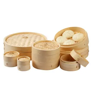 Bamboo Round Steamer Eco-Friendly Factory Price 2 Tiers 1 Lid With Customized Logo Printing