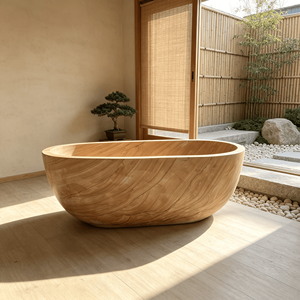 Bañera Independiente de Piedra Arenisca con Acabado Natural de Madera, Bañera Ovalada de Mármol Sólido de Lujo para Decoración de Baños de Hoteles y Villas - Product Image 1