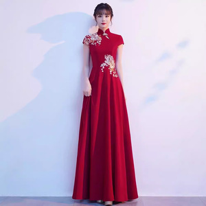 Red Chinese Style Cheongsam Long Dress For Performance Women Claret Polyester Evening Gown With 3D Embroidery - Product Image 3