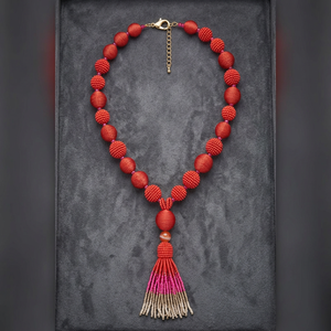 Sstringz Handmade Coral <b>Red</b> <b>Hot</b> Pink Ivory White Beaded Tassel Necklace seed Bead Statement Necklace Boho Fashion Jewelry - Product Image 4