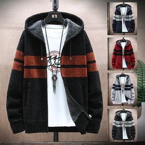 Cardigan da Uomo con Cerniera, Maglione a Righe a Maniche Lunghe, Giacca con Cappuccio a Collo Tondo, Maglione Jacquard da Uomo - Product Image 4