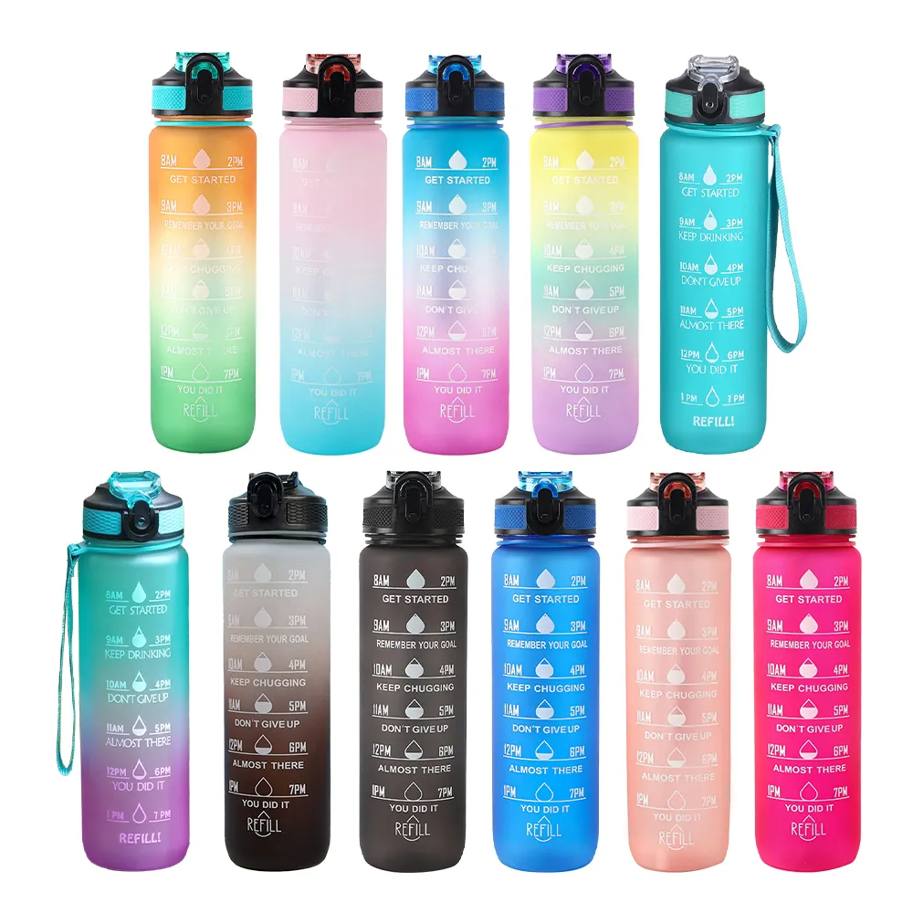 Garrafa de água motivativa personalizada 32oz/1000ml, garrafa plástica sem bpa para ginástica, fitness, com marcador de tempo